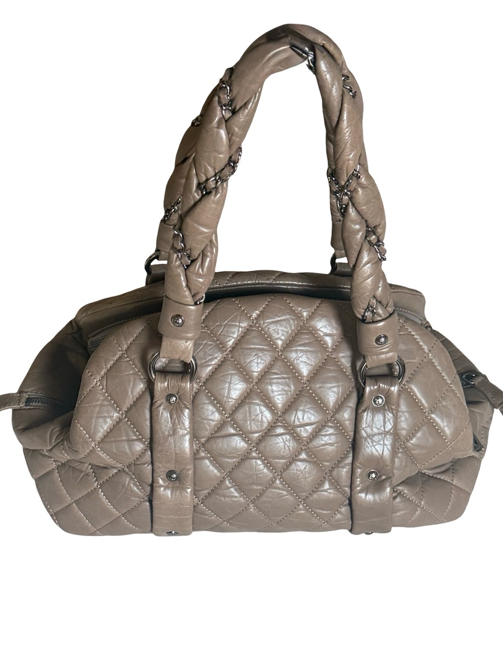 Chanel Lady Braid Bowler Bag  Distressed Lambskin Taupe Quilted Satchel 13” - Picture 2 of 11